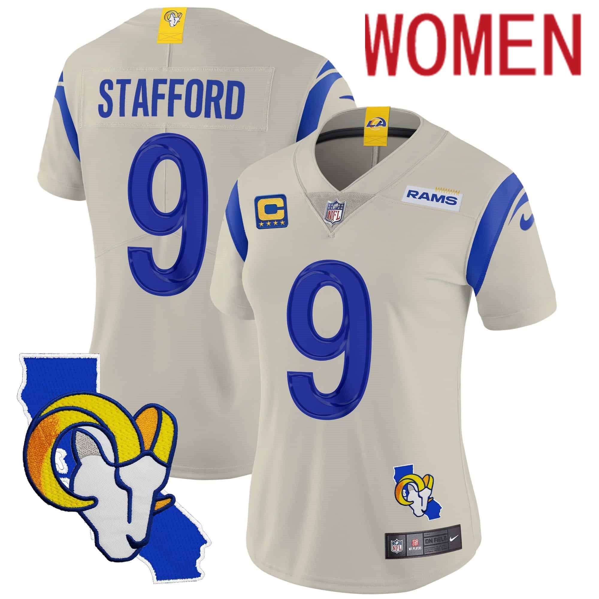 Women Los Angeles Rams #9 Stafford Cream 2024 Nike California Patch Vapor Limited NFL Jersey->women nfl jersey->Women Jersey